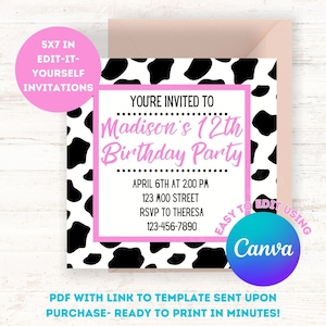 Editable Girl Teen Birthday Party Invite Cow Print Pastel Pink
