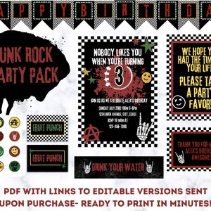 Editable Punk Rock Birthday Party Decor Pack Invitation Colorful Greenday Music Vans Blink-182 Inspired