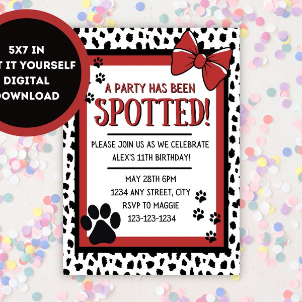 Editable Dalmatian Birthday Party Invite Red Paw Print Bow Cruella Party