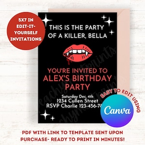 Editable Twilight Moon Vampire Birthday Party Invitation Black and Red