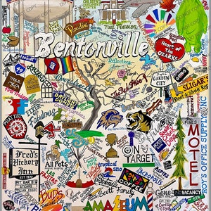 May include: A colorful artwork featuring the word "Bentonville" surrounded by various local businesses and landmarks. The image includes text like "You belong here," "Fred's Hickory Inn," and "The Spark Cafe," showcasing a vibrant community.