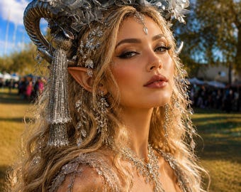 Silver Ram Horns Headdress: Sparkly Mushroom Fairy Headpiece