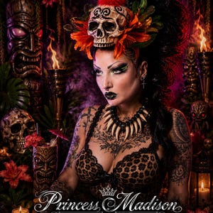 May include: A headpiece featuring a skull with black scrollwork, red feathers, and orange lilies. A necklace with cream-colored pointed charms and black beads. A leopard print bustier with black lace trim. The text Princess Madison CREATIONS.
