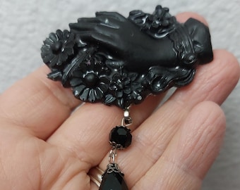 Victorian Hand w Flowers Brooch Pin, Elegant Gloves w ribbon bows, Victorian Mourning Replica, Gothic, Grieving, Mortuary Funeral .....