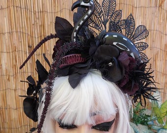 Skeleton Flamingo Headpiece with Dark Tropical Flowers as a Tiki Goth Spooky Headband