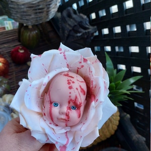 Bloody Baby Head Hair Flower Clip, Blood Stains Doll Head in White Rose , Halloween, Spooky Season, Horror fan.....