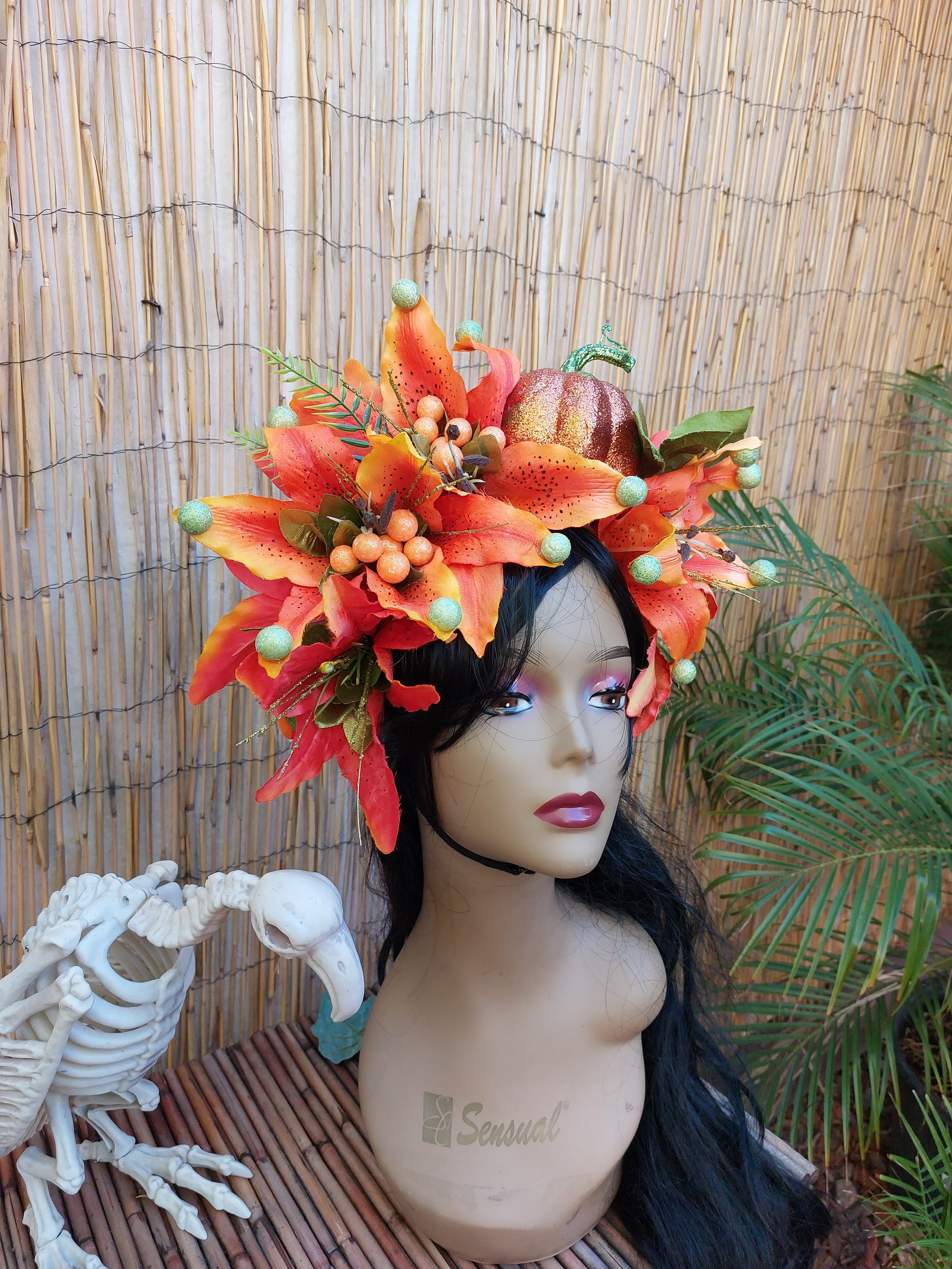 Tropical Flower Crown, Headpiece With Pumpkin, Fun Tiki Headdress