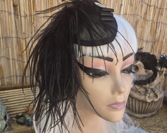 Black Feathered Retro Mini Hat Fascinator, Vintage Look, Pinup, High End Hair Accessory....