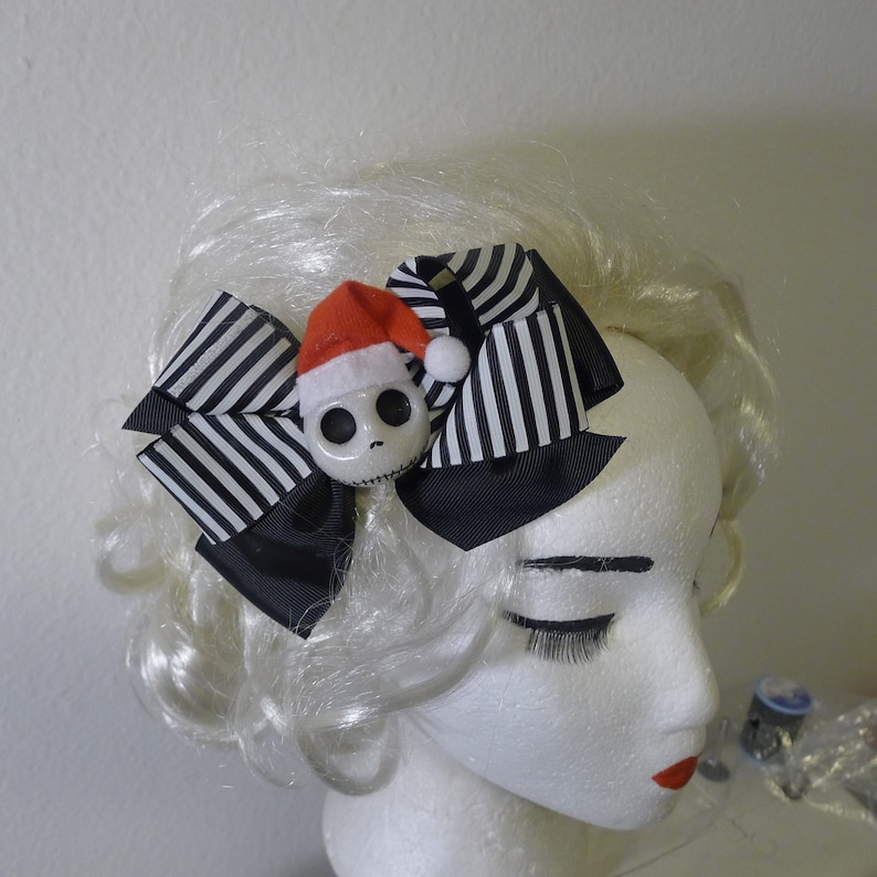 Jack Skellington Hair Bow Nightmare Before Christmas Black White Stripped Bow Santa Hat on Skull Creepmas Creepy Krampus Gothic ....