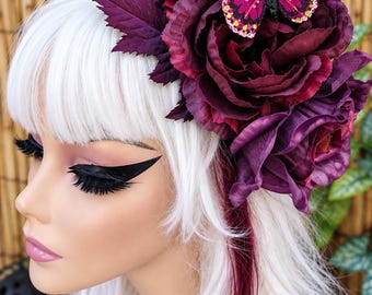 Purple Silk Flower Headband: Realistic Grape Color Roses & Butterflies for Fall Autumn, Pinup Hair ....