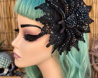 Black Widow Spider with Crystals Fascinator, Clip on, Elvira , Gothic, Tarantula, Spiderweb, Spooky Season...