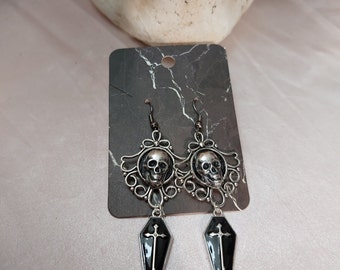 Skull and Coffin Earrings, Silver Filigree Cameo, Coffin with Cross, Goth, Gothic Earrings, Memento Mori, Gothabilly...