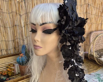 Black Hair Flower with Long Dangling Wisteria and Sparkly Cat, Spooky Season, Tiki Goth, Pinup.....