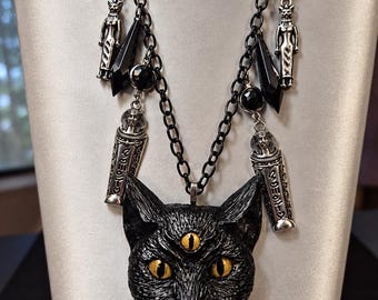 Bastet Egyptian Black Cat Necklace, Cat Head, Ankh, Sphynx, Sarcophagus, Ancient, Egyptology, Gothic......