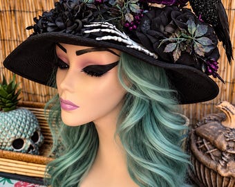 Gothic Witch Hat: Halloween Crow, Pumpkin & Dark Floral Design