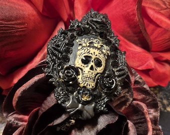 Sugar Skull Day of the dead Cameo Brooch with Creepy Monster Frame and Black Swarovski .....