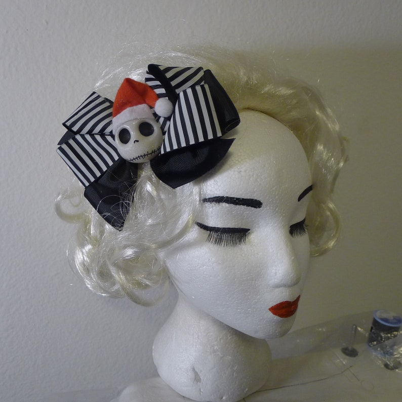 Jack Skellington Hair Bow Nightmare Before Christmas Black White Stripped Bow Santa Hat on Skull Creepmas Creepy Krampus Gothic ....