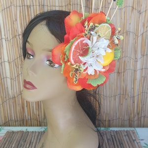Tropical Tiki Hair Flower with Wood Sticks, Orange Green Flower with Lemon Fruits, Tucan, Monstera Leaves, Hula Girl. Pinup, Tiki Oasis....