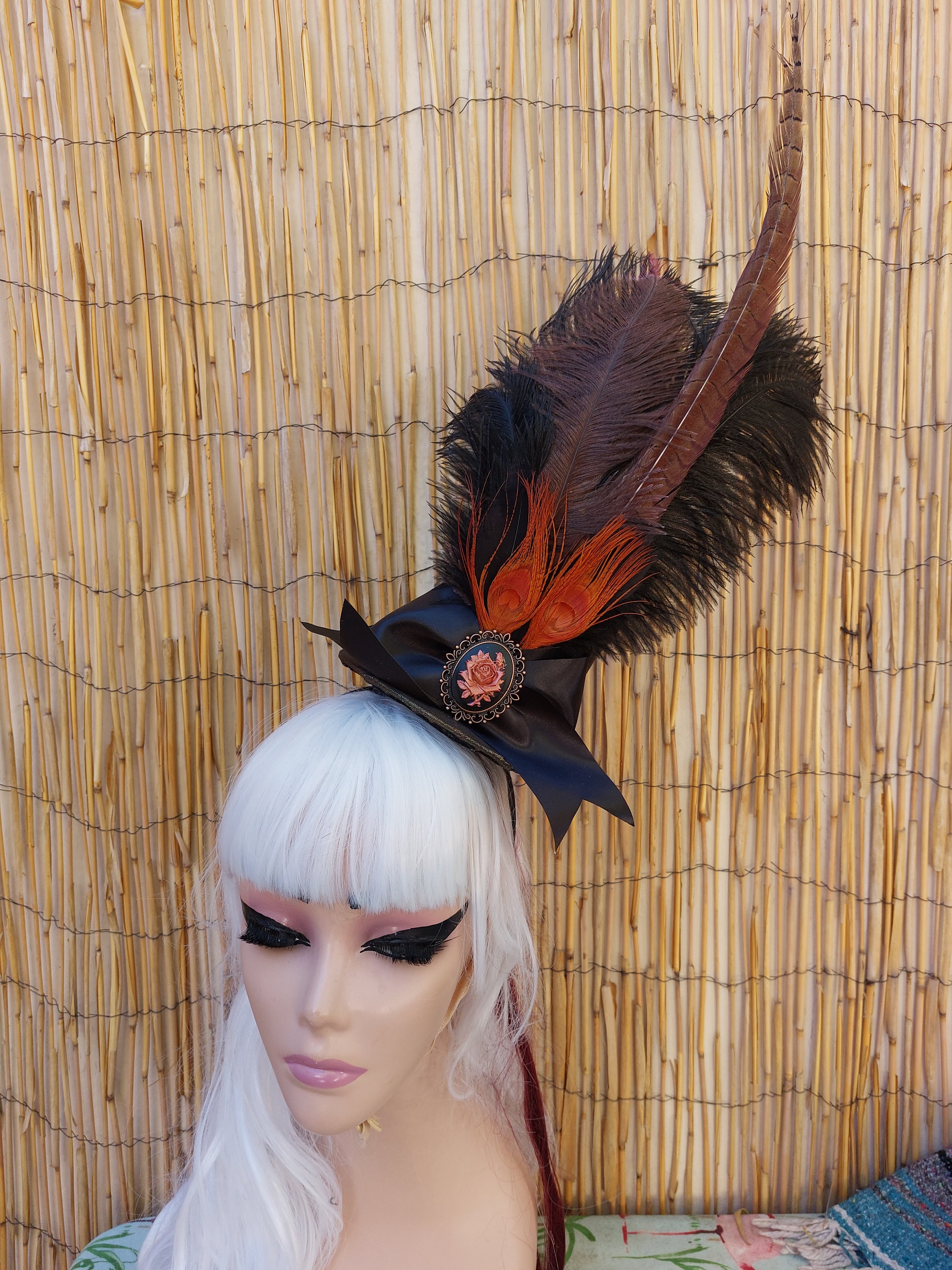 Steampunk Top Hat on Headband With Rose Cameo and Peacock