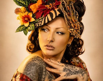 Shrunken Head Floral Retro Hat Headpiece, Tiger Prints Hat, Exotic Jungle Flowers , Tiki Pinup ...