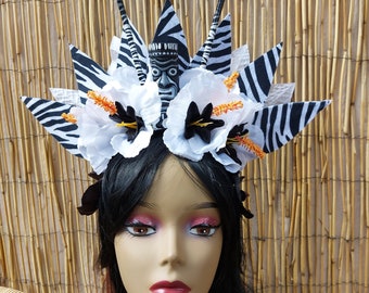 Tropical Tiki Flower Crown with Animal Prints Zebra Accents, Tropical Flowers, Hawaii Look, Luau, Hula Girl, Wahine, Tiki Oasis!!