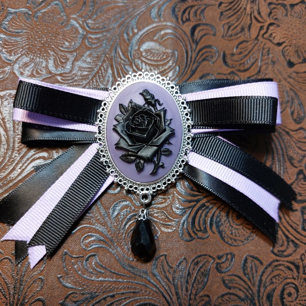 Black Rose Cameo Brooch Pin w Bow,  Purple Lavender, Antique Look, Gothic, Victorian, Vampire , Witch .....