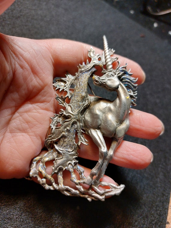 Vintage Unicorn Brooch Pin with Tree and Sparkles… - image 3