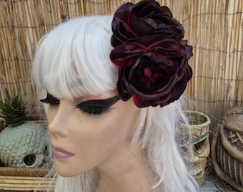 Dark Red and Black Ombre Flower Clip, Pinup Hair Style, Gothic Hair Accessory, Spooky Season, ...