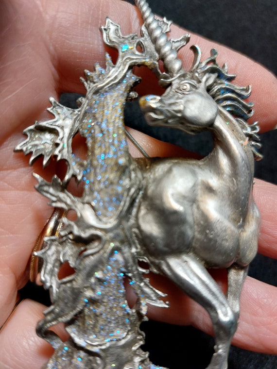 Vintage Unicorn Brooch Pin with Tree and Sparkles… - image 6