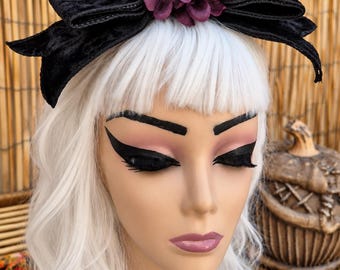 Gothic Raven Skull Velvet Hair Bow Barette ,Dark Romantic,  Crow Bird Skull Taxidermy Fascinator ....