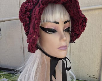 Wine Velvet and Lace Pioneer Bonnet: Civil War, Victorian Reenactment Gothic Vampire