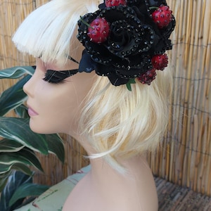 Black Roses with Cherries Hair Flower with Swarovski Crystals, Pinup Rockabilly Hair Flower, Sparkly Roses and Cherries....