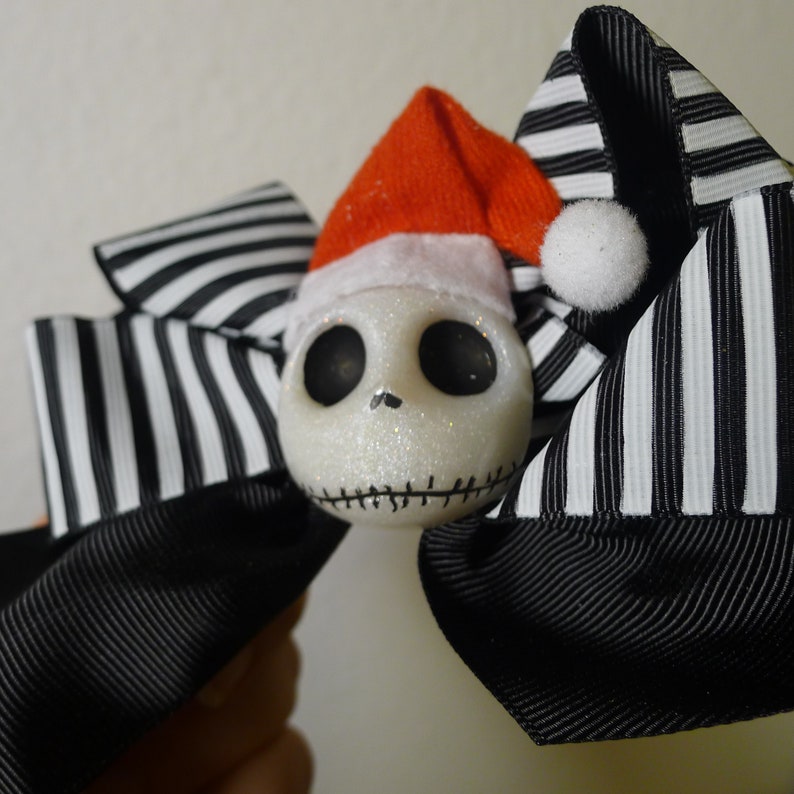 Jack Skellington Hair Bow Nightmare Before Christmas Black White Stripped Bow Santa Hat on Skull Creepmas Creepy Krampus Gothic ....