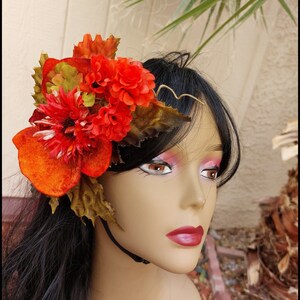 Orange Flower Hair Clip, Tropical Fall, Rust Velvet Orchid with Mums and Green Maple Leaf , Retro, Pinup, Formal, Thanksgiving.....