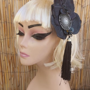 Black Orchid Hair Flower with Jewel and Tassel, Sparkles Hair Flower Clip, Dark Tropical Hair Flower with Dangles, Pinup Hair Flower...