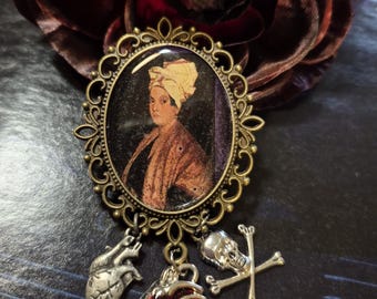 Voodoo Queen Marie Laveau Cameo Brooch with Charms, New Orleans, Witchcraft, Religious....