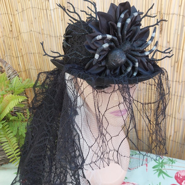 Witch Hat with Veil and Spiders, Black Widow, Tarantula, Elvira, Gothic, Vampire, Spooky Season.....