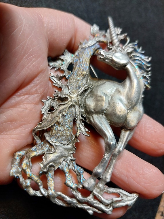 Vintage Unicorn Brooch Pin with Tree and Sparkles… - image 2