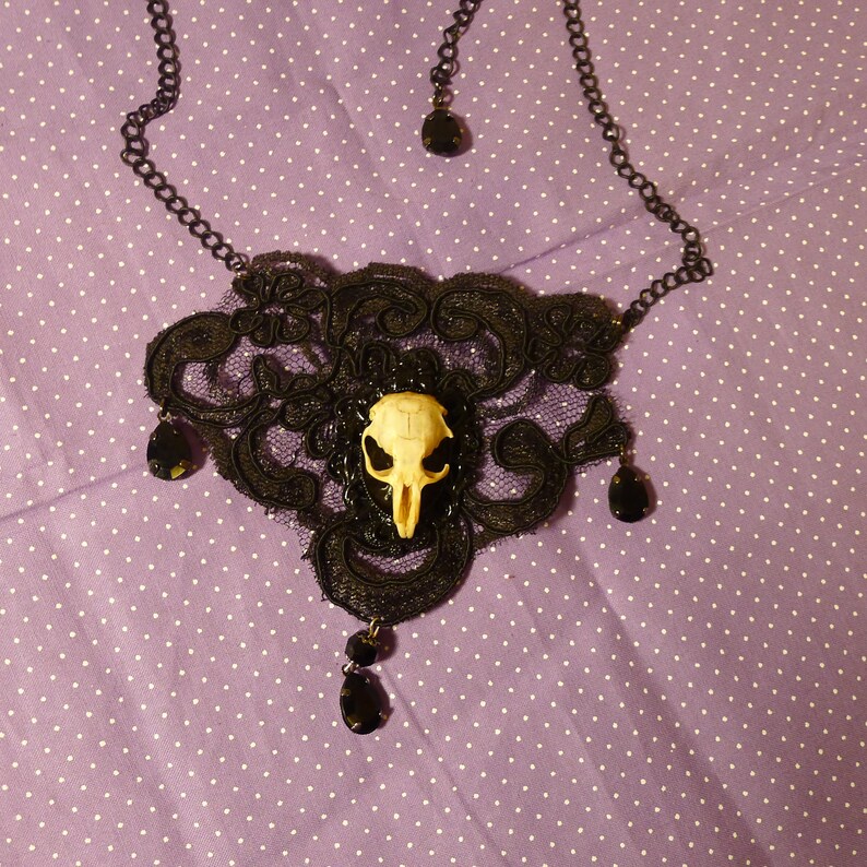 Oddities Steampunk.. Taxidermy Gothic Victorian Black Lace with Rat Skull Victorian Cameo Necklace w Faceted Drop Beads