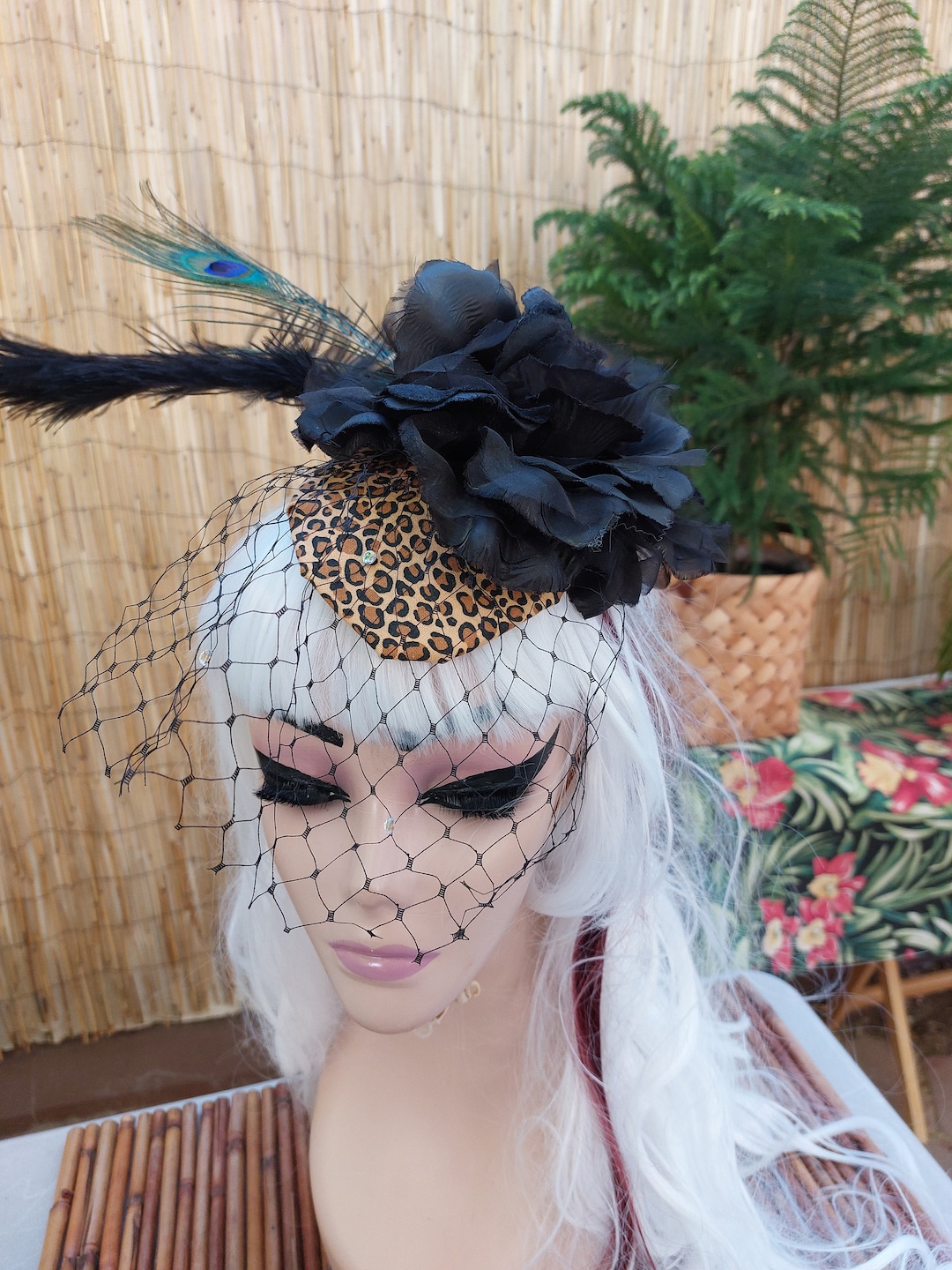 Mini Cheetah Prints Teardrop Hat W Birdcage Veil, Black Rose and