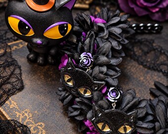 Mid Mod Black Atomic  Cat Face Earrings, Pinup,  Gothic , Witch Familiar , Binx,  Salem....