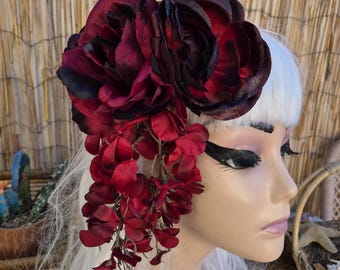 Dark Red and Black Hair Flower with Dangling Wisteria, Gothic Pinup, Retro, Spooky Season....