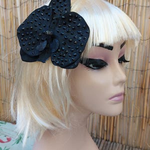 Black Orchid Hair Flower Adorned with Swarovski Crystals, Dark Jeweled Flower Hair Clip, Pinup Hair Flower, Tropical Tiki Flower.....
