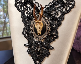 Victorian Gothic Lace Necklace with Deer Skull Cameo , Edwardian,  Faux Taxidermy, Antlers, Mourning, Baroque.....