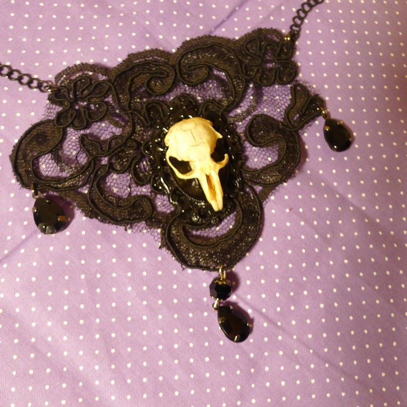 Oddities Steampunk.. Taxidermy Gothic Victorian Black Lace with Rat Skull Victorian Cameo Necklace w Faceted Drop Beads