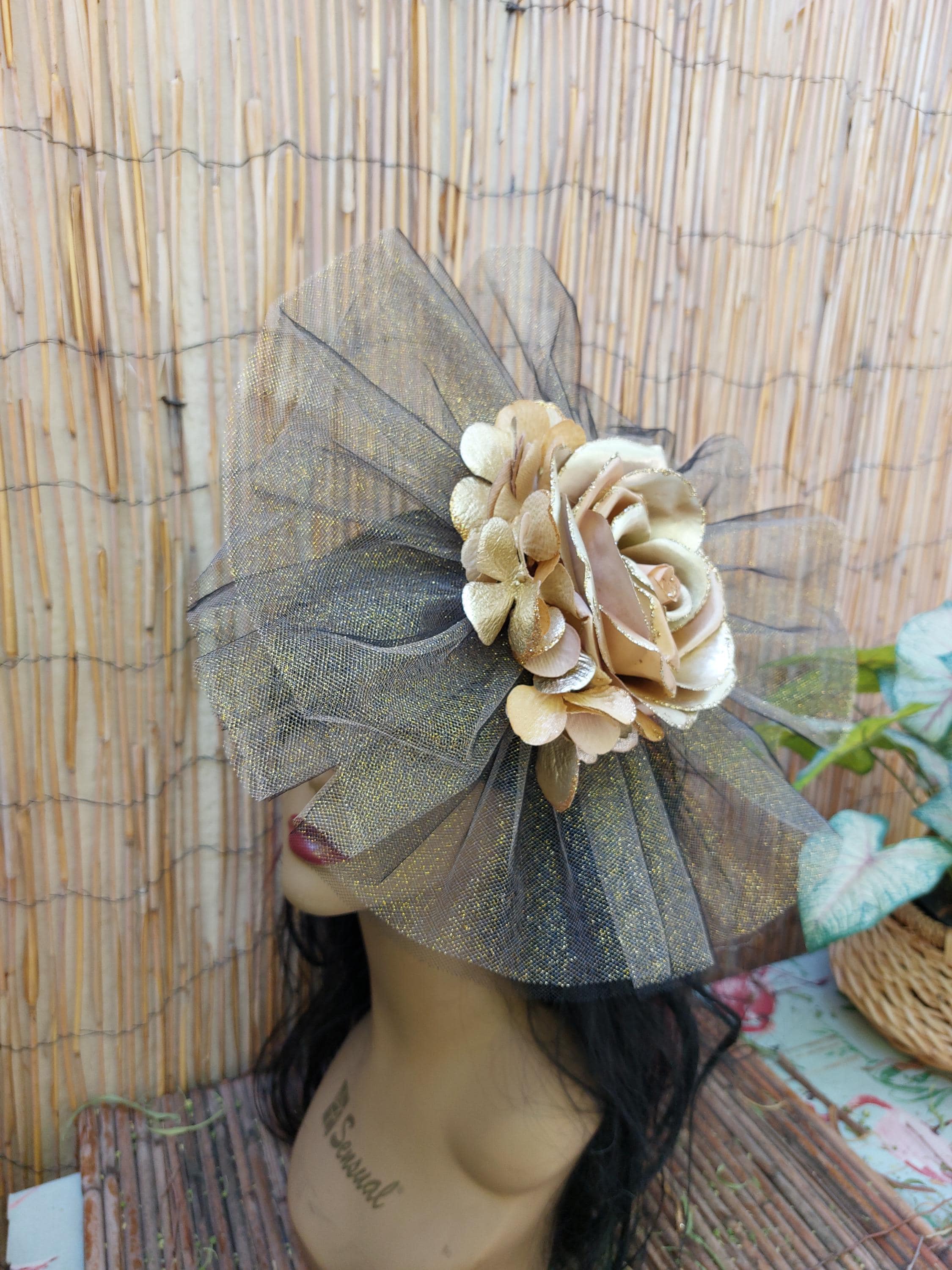 Vintage Metallic Brocade Cocktail Hat w/ Veil Bow Fascinator Black Gold Finished with a Bow, Vintage 1930s Wax Flower Headpiece  main image 3