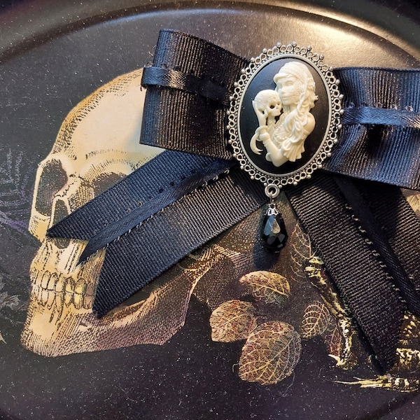 Lady and Skull Cameo Brooch Pin w Bow, Bolo Tie, Antique Look, Gothic, Victorian, Day of the deads, Rockabilly......