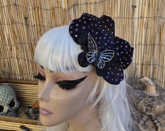 Sparkly Crystal Butterfly Hair Clip,  Black Velvet Petals,  Elegant Gatsby Style, 1950s Glamour, Pinup....