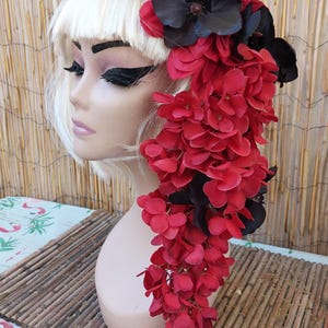 Tropical Hair Flower Headpiece, Red Dahlia, Dangling Wisteria, Black Orchids, Tiki Oasis, Luau, Pinup, Aloha Hawaii, Cocktail, Hula Girl