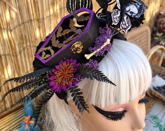 Spooky Headband with Coffin Skeleton, Moss and Dark Foliage , Halloween Fascinator, Creepy, Death....